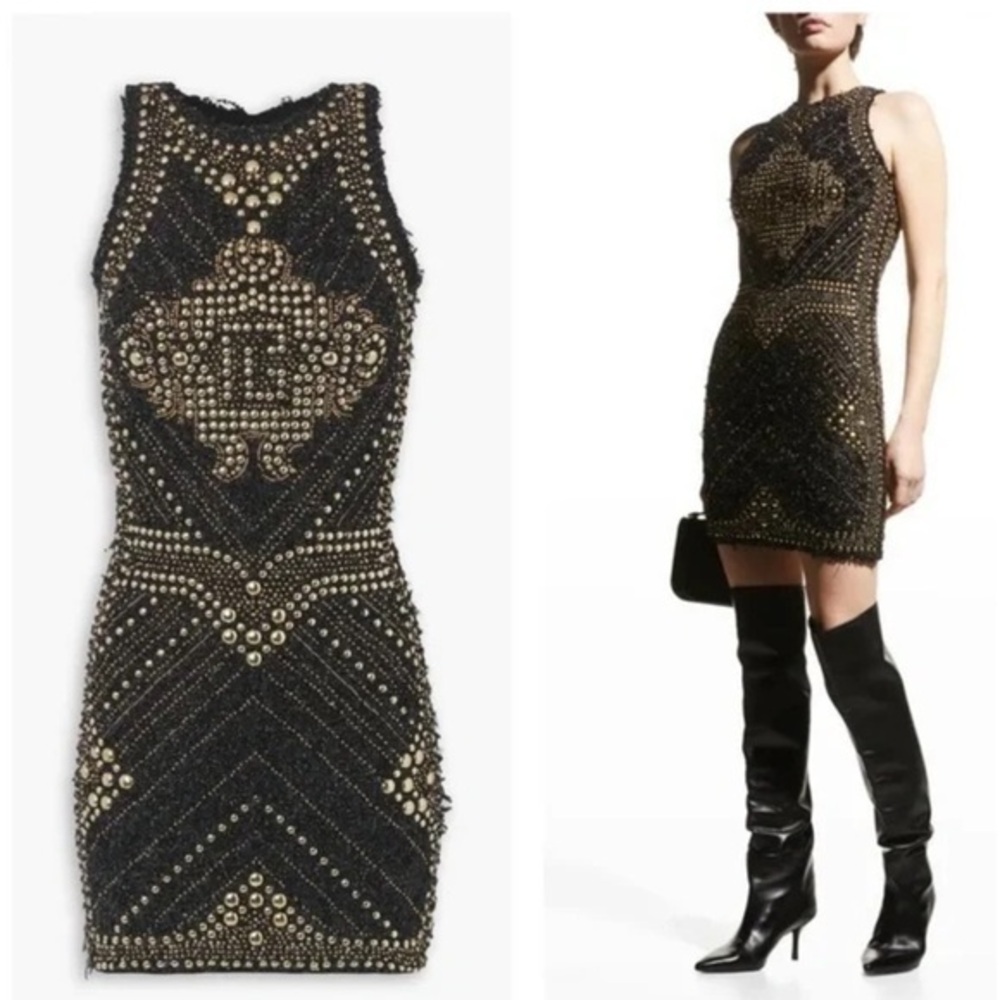BALMAIN Black Studded Gold Metallic Bouclé-Tweed Sleeveless Knit Mini Dress